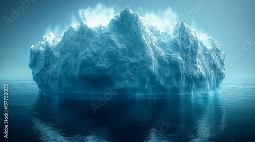 Iceberg melting in calm ocean with misty air