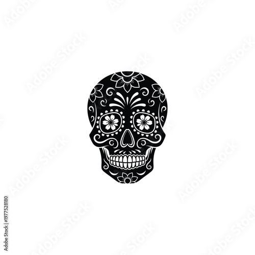 Day of the Dead sugar skull design with floral patterns and swirls on black background