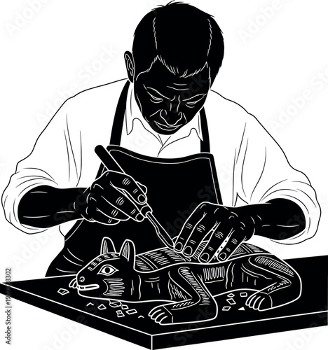 Vintage illustration of a blacksmith at work forging metal with traditional tools