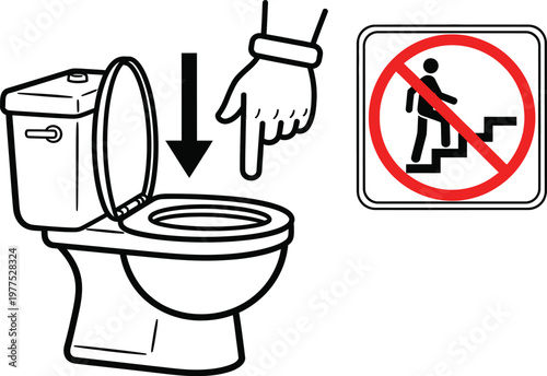 Line of a toilet with a hand pointing downward and a prohibition sign showing a person climbing stairs next to it on a white background