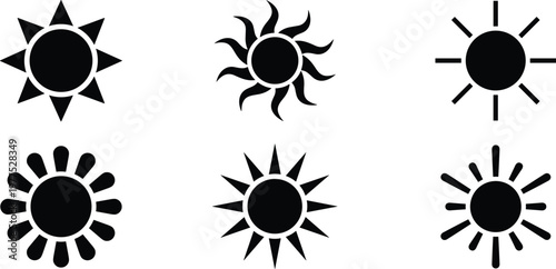Six different sun icons in white outline on black background