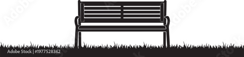 Park bench silhouette illustration vector near grass lawn for outdoor relaxation line art