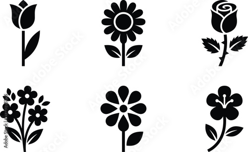 Outline drawings of various flowers including a tulip, a sunflower, a rose, and a cluster of smaller blossoms