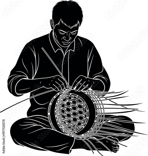 Intricate weaving a black and white illustration of a craftsman at work on a basket
