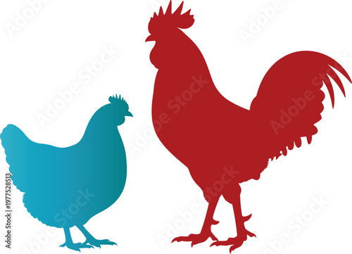 Red rooster and blue hen silhouettes standing side by side isolated on a solid white background representing farm poultry birds in a minimalist style with contrasting vibrant colors