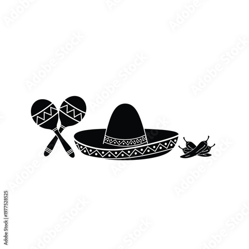 Mexican sombrero hat maracas chili peppers black and white icon