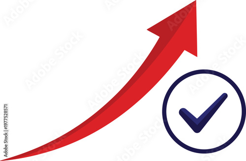 Red upward pointing curved arrow next to a dark blue circular containing a checkmark symbol on a white background representing growth and success