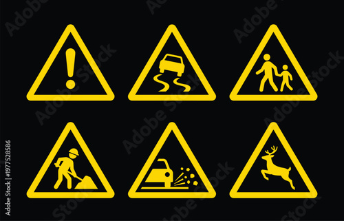 A collection of yellow warning signs depicting road hazards, pedestrians, construction, and wildlife