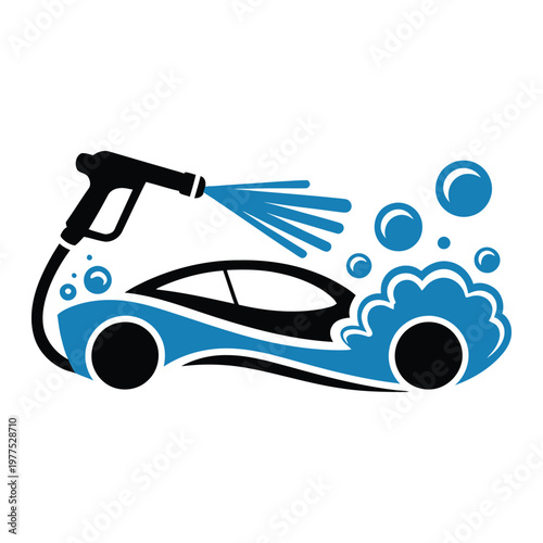 A pressure washer cleaning a stylized car with water droplets flying around