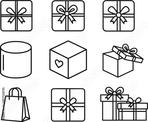 Set of nine black and white line featuring various gift boxes with ribbons bows a heart symbol a cylindrical container and a shopping bag isolated on a plain white background