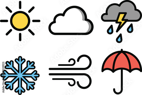 Set of six colorful weather featuring a yellow sun a white cloud a grey storm with lightning blue rain drops a light blue snowflake black wind gusts and a red umbrella on a white background