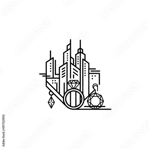 Minimalist jewelry city skyline logo vector, geometric diamond ring and skyscraper icon, luxury urban fashion branding element on white background