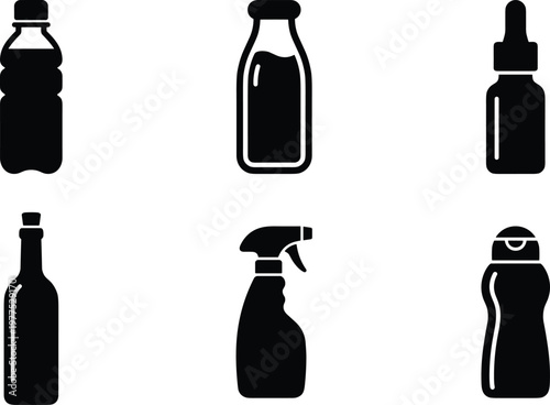 A collection of various bottle outlines Outline icons of various bottle types including spray bottles and droppers