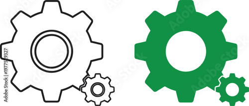 Two pairs of gear showing one outlined version and one solid green version with a large cog and a small cog arranged together on a plain white background