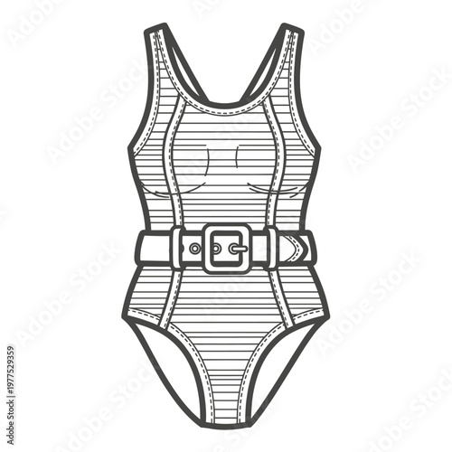 Vintage one-piece swimsuit vector illustration, retro belted swimwear technical sketch, striped women's bathing suit flat drawing for fashion design