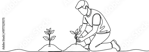 Young man kneeling down to plant young green seedlings in the garden soil for environmental conservation and sustainability concept minimalist continuous line hand drawn vector illustration