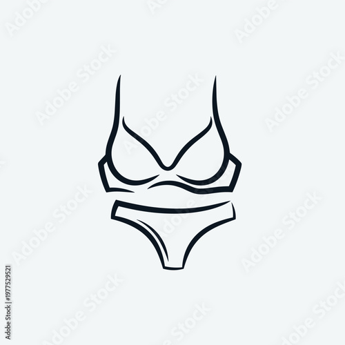 Minimalist lingerie set vector icon, elegant female underwear line art, black outline bra and panties illustration on beige background