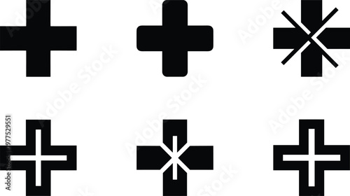 Six distinct geometric plus shapes are presented in a grid layout