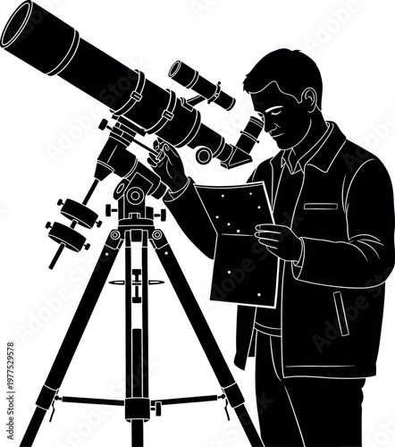 A silhouetted astronomer intently observes the night sky through a large telescope on a tripod