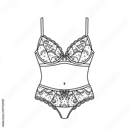 Lingerie line art vector illustration, elegant lace bra and panties set, feminine underwear fashion sketch, black and white intimate apparel design