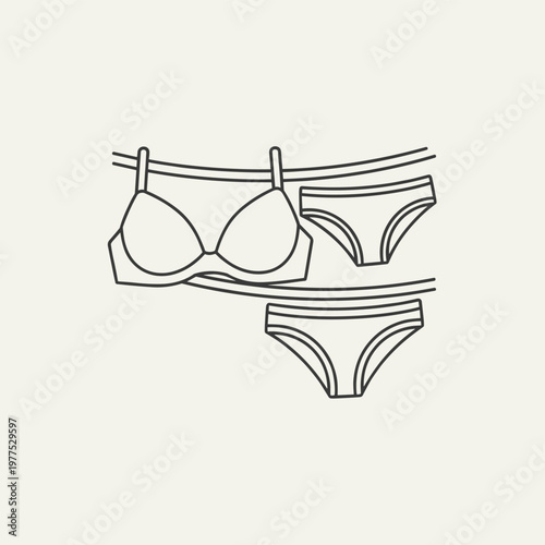 Minimalist lingerie line art vector, female underwear and bra hanging on clothesline, simple black outline laundry illustration for fashion branding