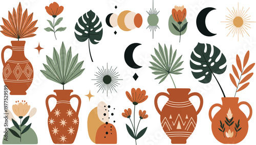Beautiful bohemian aesthetic collection with terracotta pottery vases desert plants monstera leaves celestial moon phases and sun sunburst shapes in a natural earthy hand-drawn vector illustration