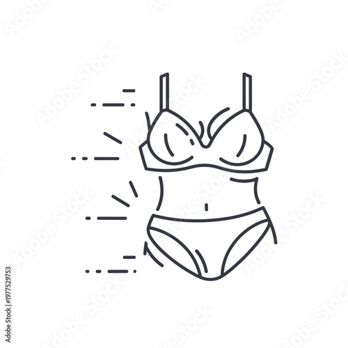 Minimalist lingerie line icon, female underwear set on body silhouette vector, modern bra and panties fashion illustration for apparel branding