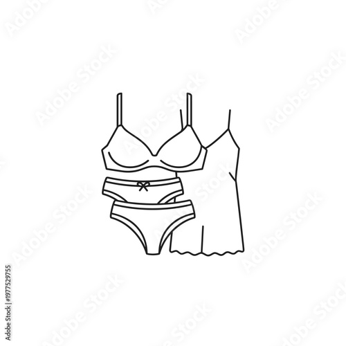 Minimalist lingerie line icon set, female underwear and nightwear vector illustrations, black and white bra and panties clothing icons
