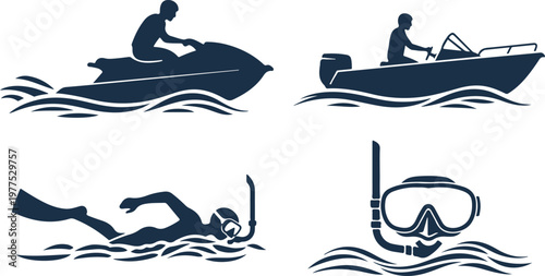 Set of water sports icons with jet ski, motorboat, snorkeling and diving mask