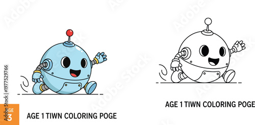 Cute Round Robot Character Illustration with Coloring Page Version, Kawaii Spherical Toy Bot Vector Set for Children Activity Book and Educational Resource