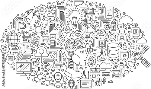 Artificial intelligence and global technology network with robot head data servers and internet of things icon set