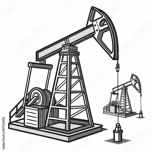A detailed black and white illustration depicts two oil pumps showcasing the machinery used in petroleum extraction and energy production high quality