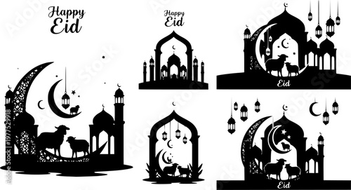 Eid Al-Adha Crescent Moon Sheep Silhouette Islamic Holiday Traditional Archway Vector