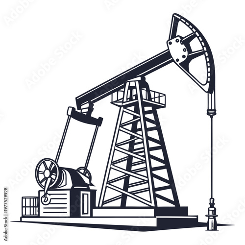 A vintage style illustration depicts a black and white oil pump rig showcasing the machinery used in petroleum extraction high quality professional