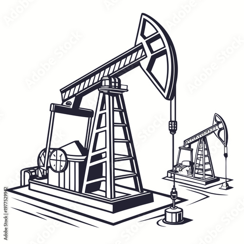 A vintage style illustration depicts two oil pumps commonly known as nodding donkeys extracting resources from the ground high quality professional detailed