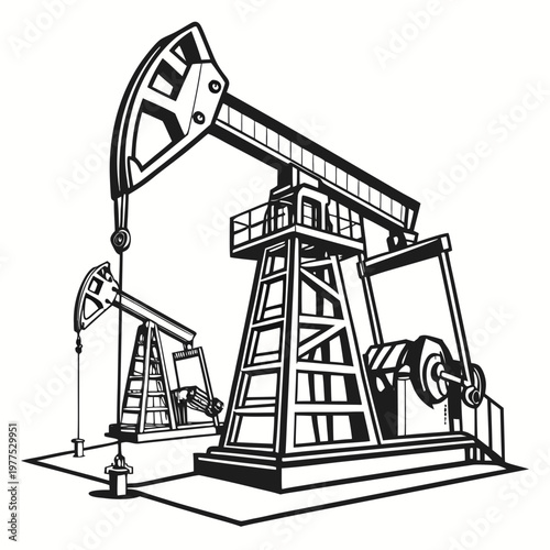 A black and white illustration depicts a towering oil pump jack a symbol of petroleum extraction against a plain background high quality