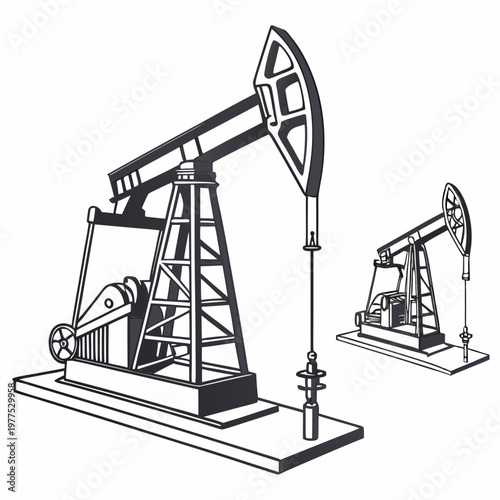 A detailed black and white illustration showcases two vintage oil pumps representing the historical methods of petroleum extraction and industrial energy