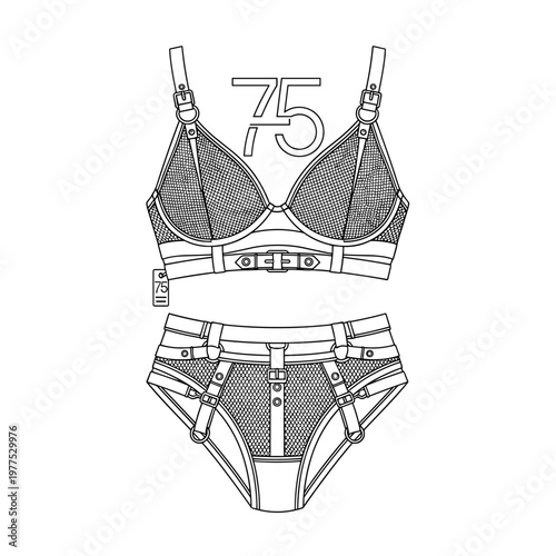 Lingerie technical sketch of a 2 piece set with harness details. Intimate apparel flat vector illustration. Strappy bra and high waist panty set.