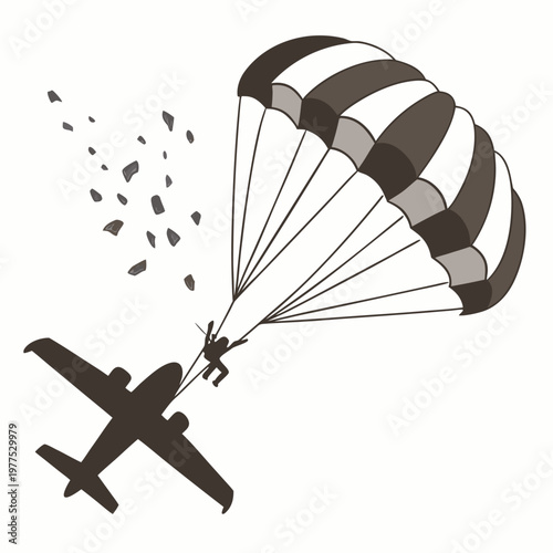 A stylized illustration depicts a skydiver descending with a striped parachute alongside a small airplane in the background high quality professional detailed