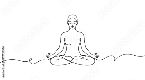 Serene woman meditating in lotus pose, minimalist line art, peaceful mind, yoga practice, wellness concept, white background