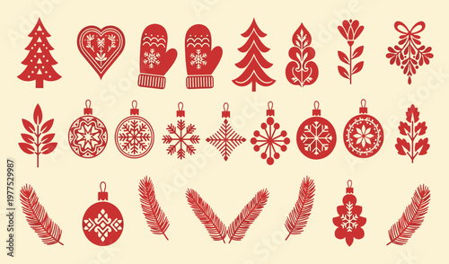 Red Nordic Christmas elements collection featuring traditional folk art ornaments festive mittens pine trees and seasonal botanical motifs for holiday cards and decorative hand drawn vector illustrati