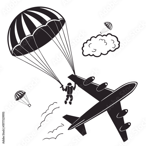 A black and white illustration depicts a skydiver jumping from an airplane with a parachute alongside smaller descending parachutists high quality professional