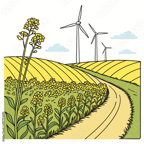 A stylized illustration depicts a winding path through a field of rapeseed flowers with wind turbines in the distance high quality professional