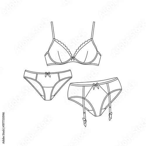 Lingerie technical sketch vector set, female underwear flat fashion illustration, bra and panties with garter belt line art drawing