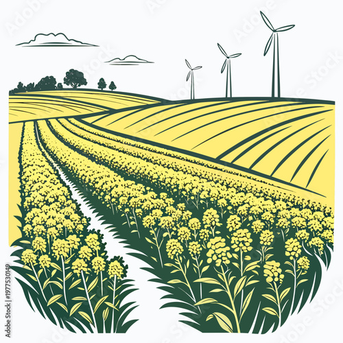 A stylized illustration depicts a vibrant yellow field of rapeseed flowers with rolling hills and distant wind turbines high quality professional detailed
