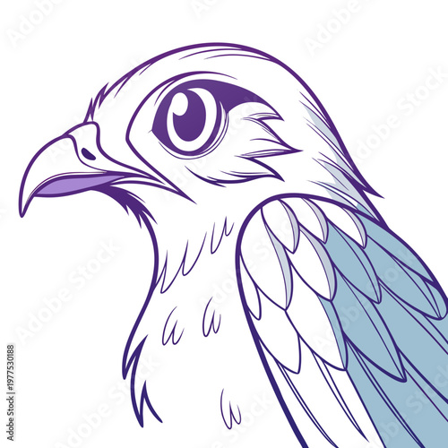 A striking stylized illustration depicts the head and partial chest of a majestic bird of prey likely an eagle or falcon