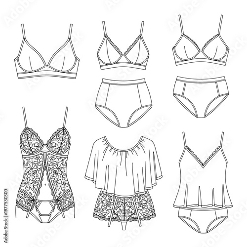 Lingerie fashion technical sketches, women's underwear and lace bodysuit collection, 6 vector garment flat sketches for apparel design