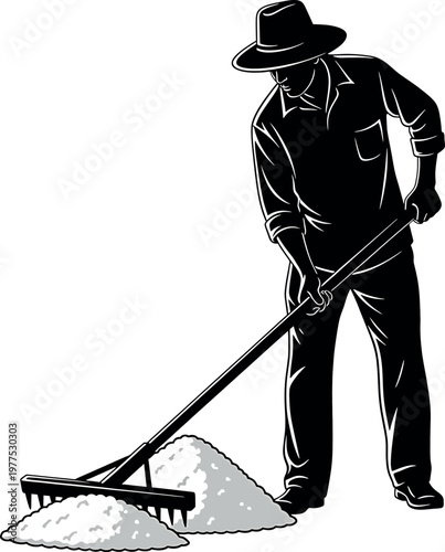 Vintage illustration of a farmer with a rake and haystack in black and white