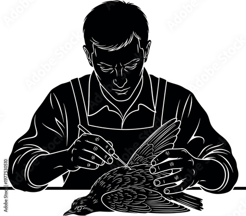 Intricate woodcut illustration of a man carefully carving a bird showcasing skill and detail
