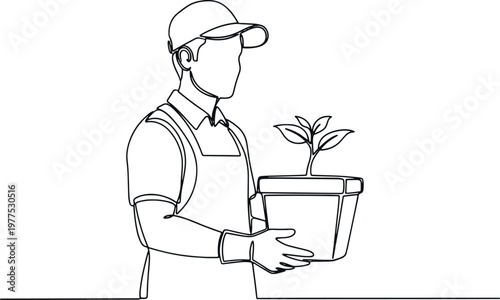 Continuous line drawing of a professional male gardener wearing a cap and apron holding a potted young plant for environmental growth and gardening hand drawn vector illustration